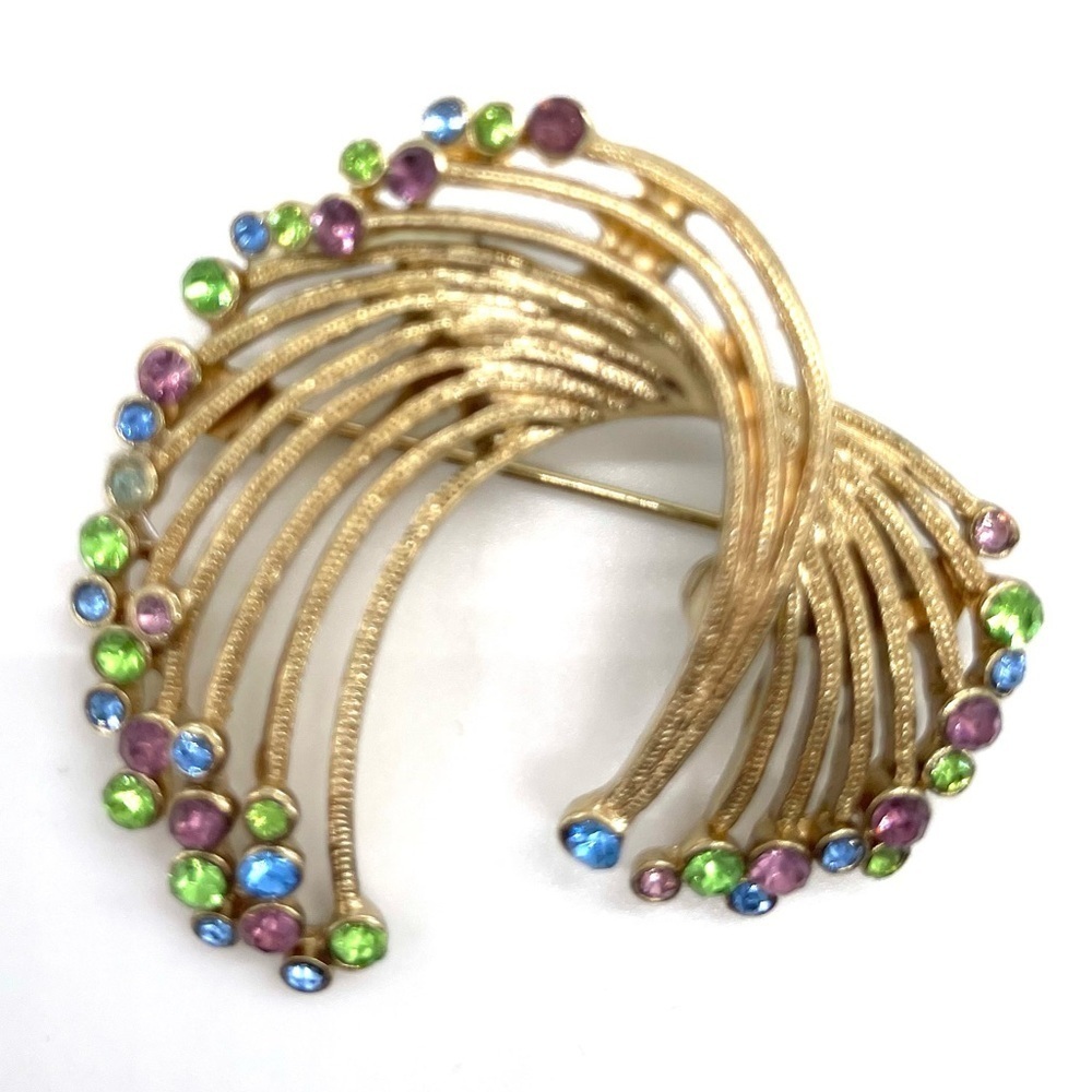 Vintage Brooch Gold Tone with Multi color Rhinestones